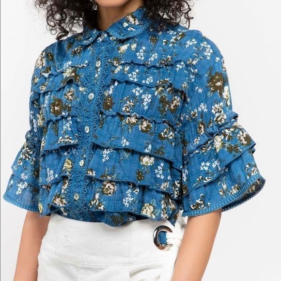 Blue cottagecore ruffle button down mid sleeve top - Picture 3 of 8